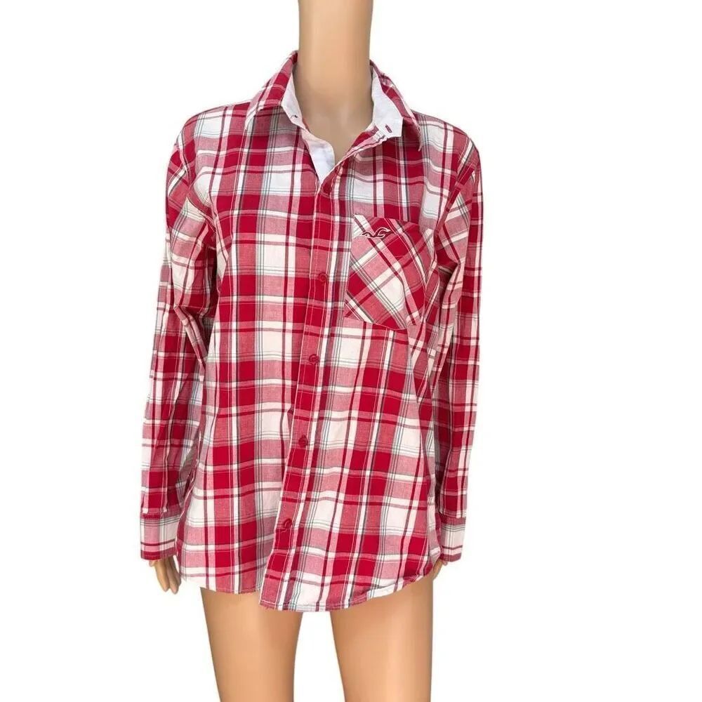 Hollister Red Plaid cotton Shirt Women’s M Roll Tab Sleeves Casual Button Down